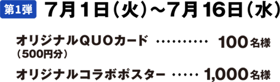 第1弾 7月1日(火)～7月16日(水) オリジナルQUOカード(500円分)100名様 オリジナルコラボポスター1,000名様